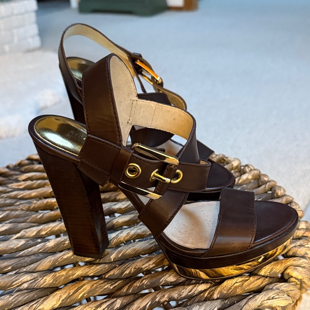 Women’s Brown Leather High Block Heel Sandals with Gold Buckle